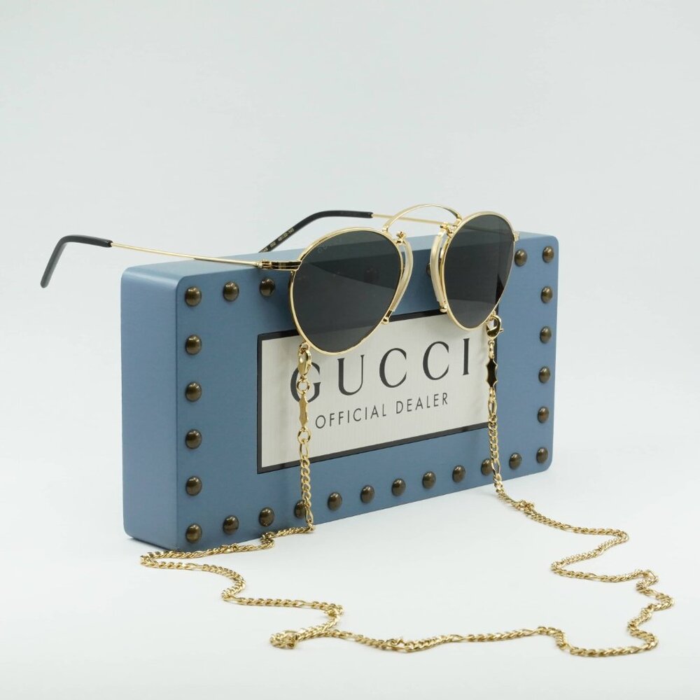 Gucci GG1034S 002 Geometric Sunglasses - Gold with Chain/Grey - Picture 1 of 10